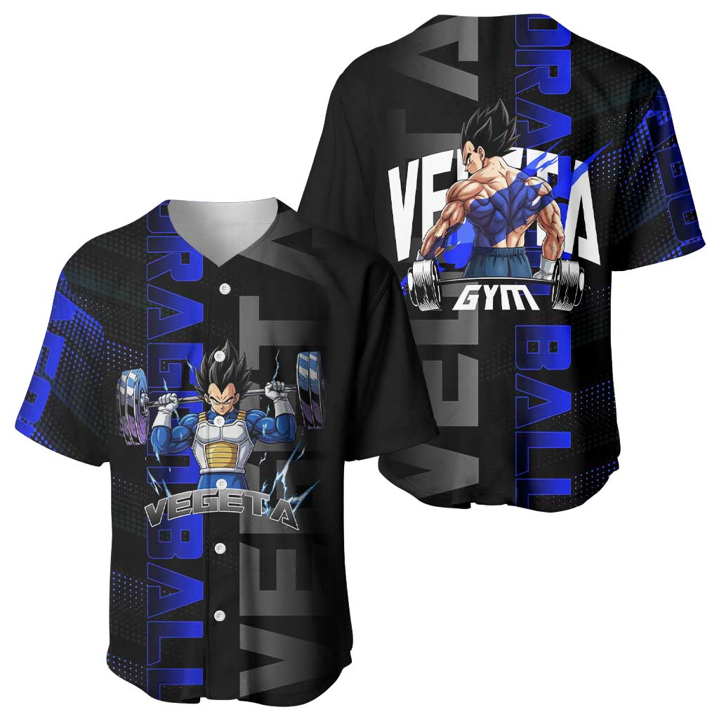 Vegeta Gym Theme Black and Blue Design Baseball Jersey with Powerlifting Pose and Saiyan Armor Style - The Mazicc