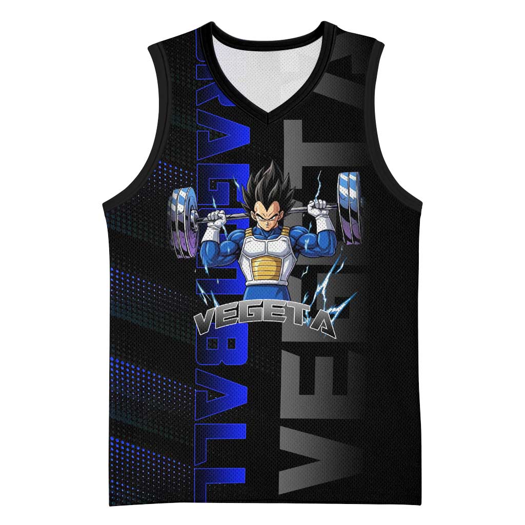Vegeta Gym Theme Black and Blue Design Basketball Jersey with Powerlifting Pose and Saiyan Armor Style - The Mazicc