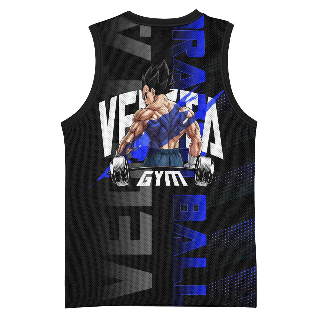 Vegeta Gym Theme Black and Blue Design Basketball Jersey with Powerlifting Pose and Saiyan Armor Style - The Mazicc