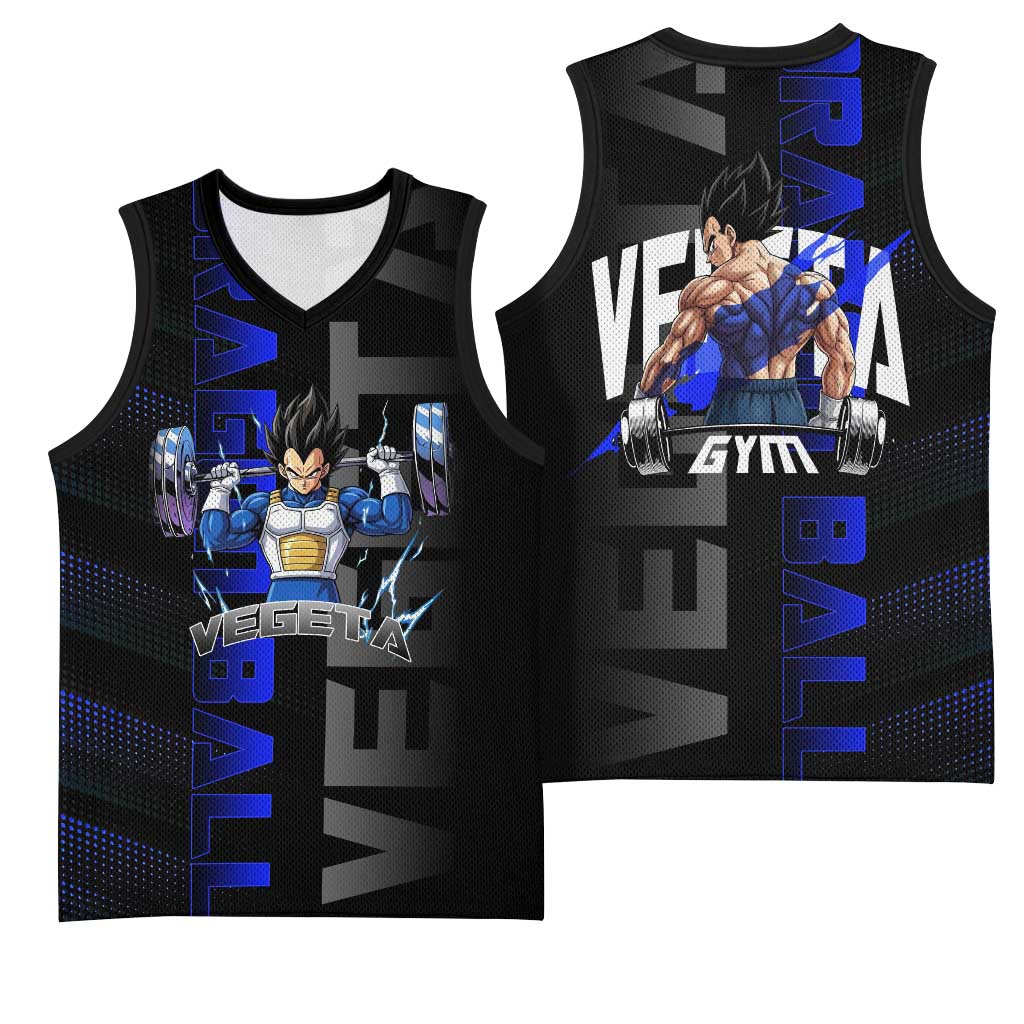 Vegeta Gym Theme Black and Blue Design Basketball Jersey with Powerlifting Pose and Saiyan Armor Style - The Mazicc
