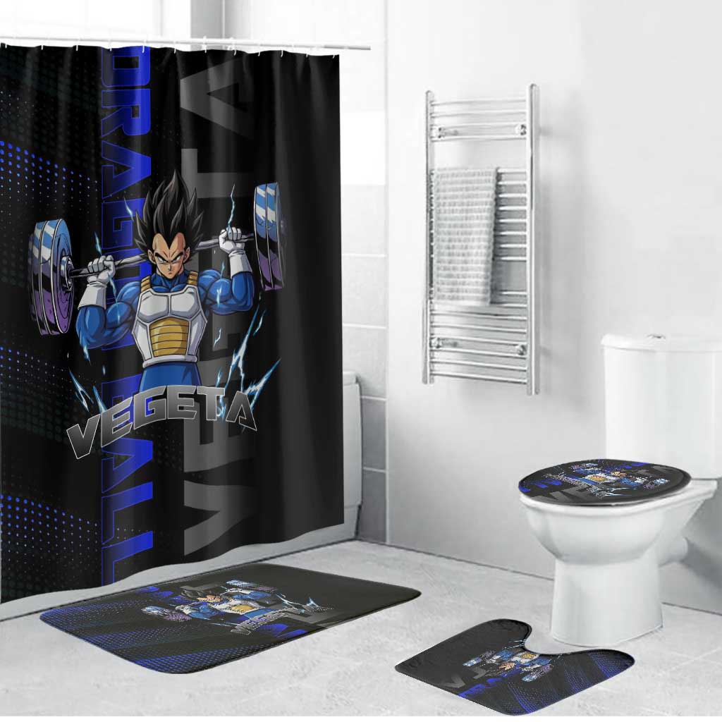 Vegeta Gym Theme Black and Blue Design Bathroom Set with Powerlifting Pose and Saiyan Armor Style - The Mazicc
