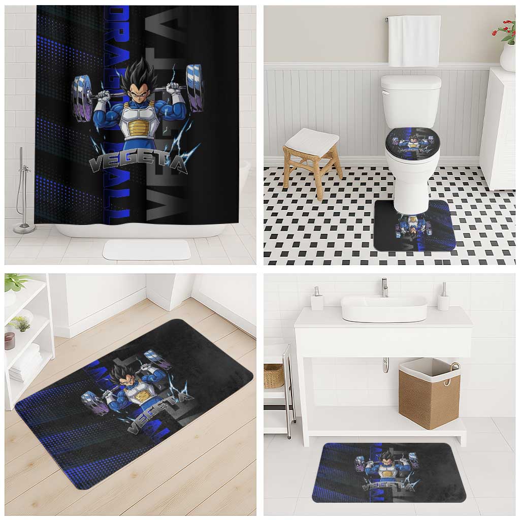 Vegeta Gym Theme Black and Blue Design Bathroom Set with Powerlifting Pose and Saiyan Armor Style - The Mazicc