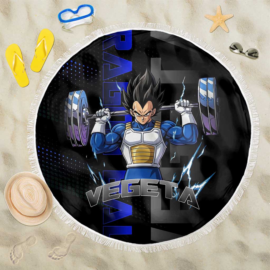 Vegeta Gym Theme Black and Blue Design Beach Blanket with Powerlifting Pose and Saiyan Armor Style - The Mazicc