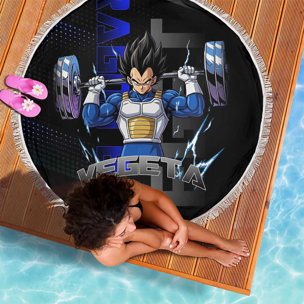 Vegeta Gym Theme Black and Blue Design Beach Blanket with Powerlifting Pose and Saiyan Armor Style - The Mazicc