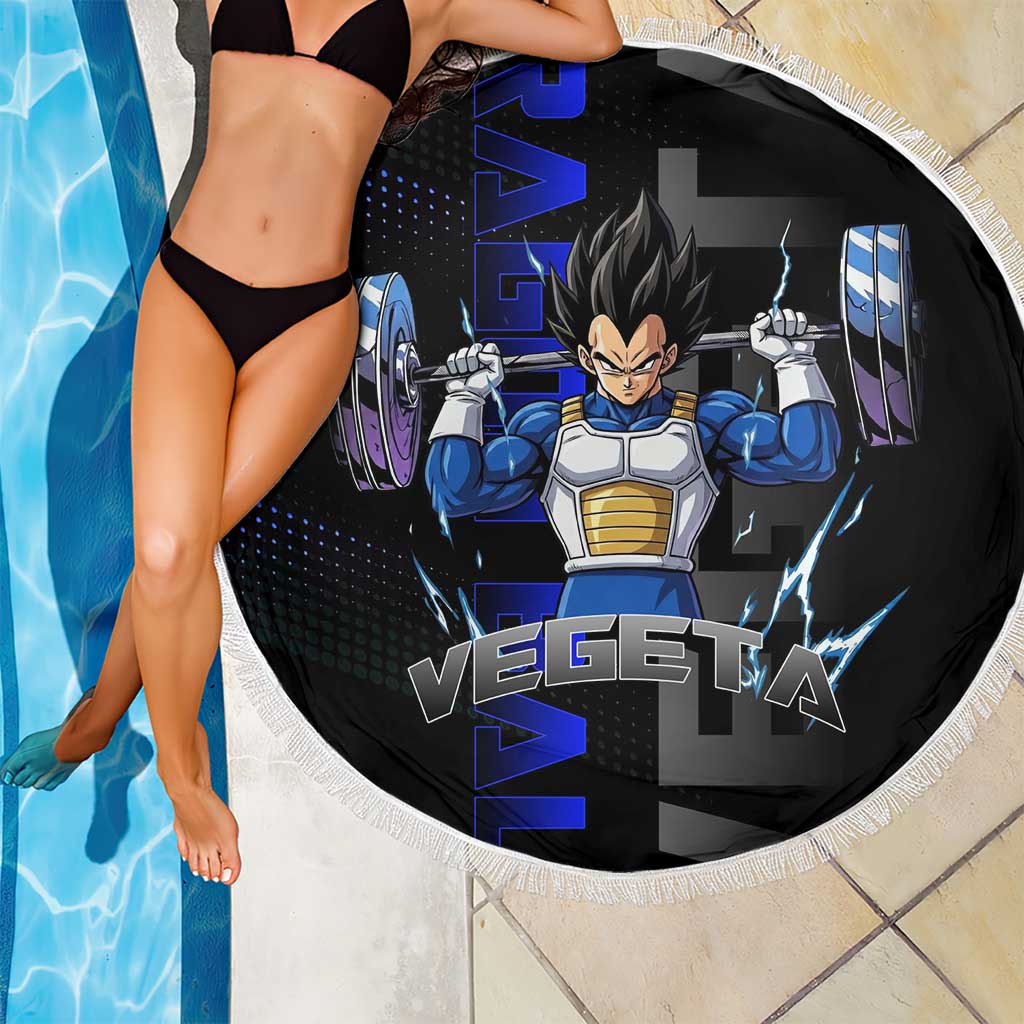 Vegeta Gym Theme Black and Blue Design Beach Blanket with Powerlifting Pose and Saiyan Armor Style - The Mazicc