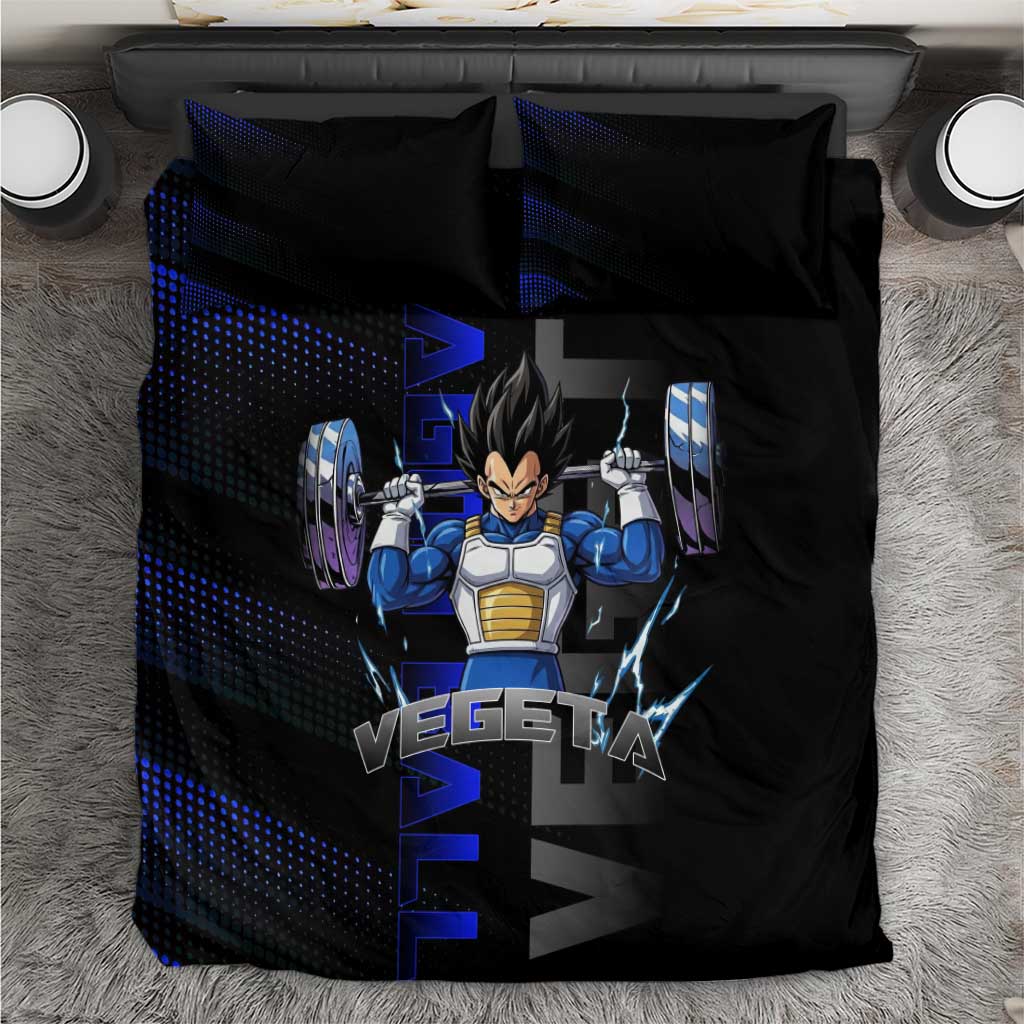 Vegeta Gym Theme Black and Blue Design Bedding Set with Powerlifting Pose and Saiyan Armor Style - The Mazicc