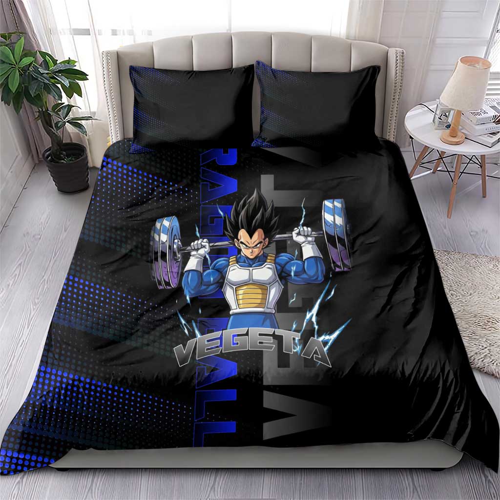Vegeta Gym Theme Black and Blue Design Bedding Set with Powerlifting Pose and Saiyan Armor Style - The Mazicc
