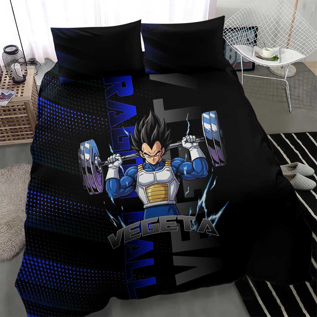 Vegeta Gym Theme Black and Blue Design Bedding Set with Powerlifting Pose and Saiyan Armor Style - The Mazicc
