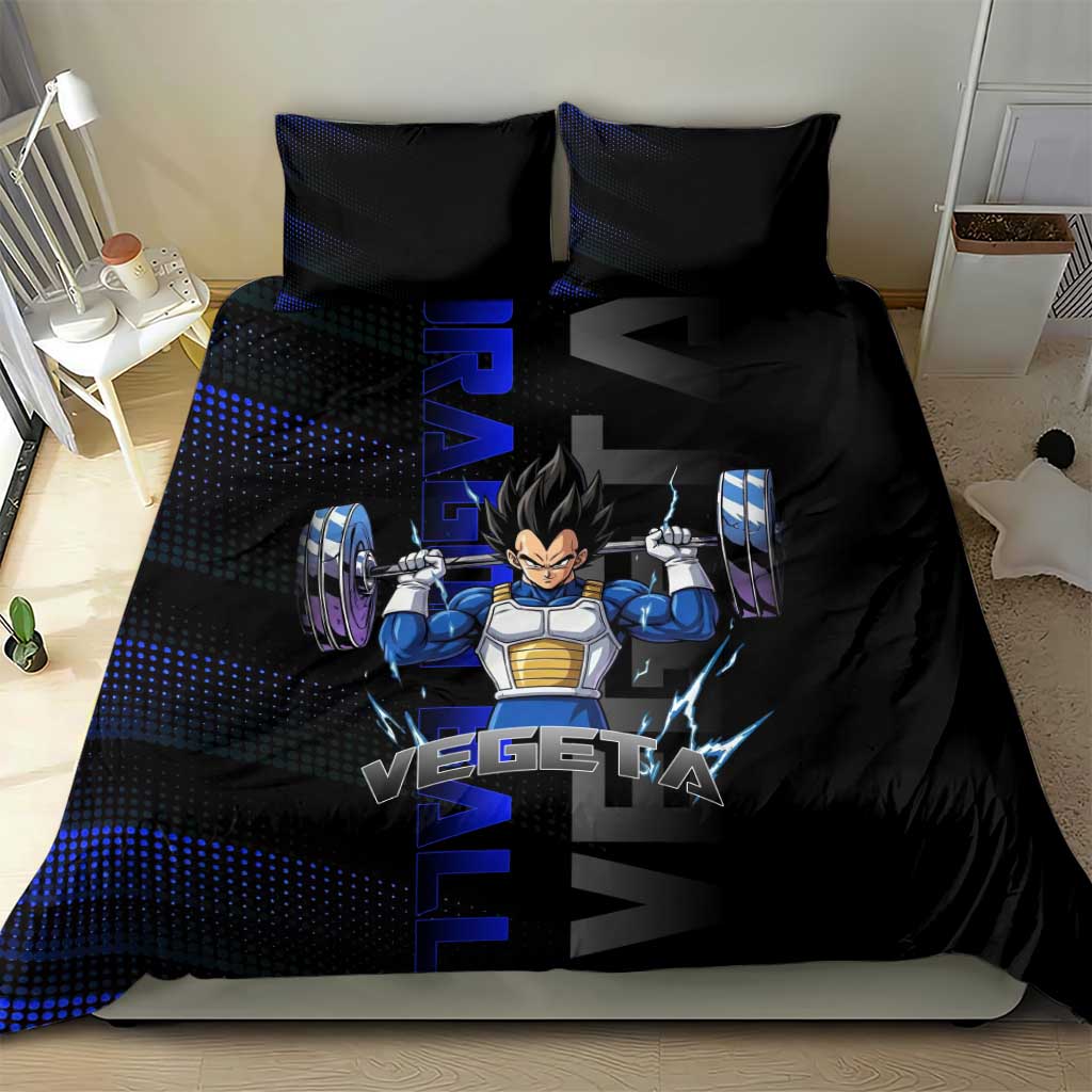 Vegeta Gym Theme Black and Blue Design Bedding Set with Powerlifting Pose and Saiyan Armor Style - The Mazicc