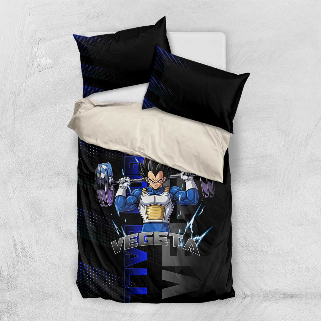 Vegeta Gym Theme Black and Blue Design Bedding Set with Powerlifting Pose and Saiyan Armor Style - The Mazicc