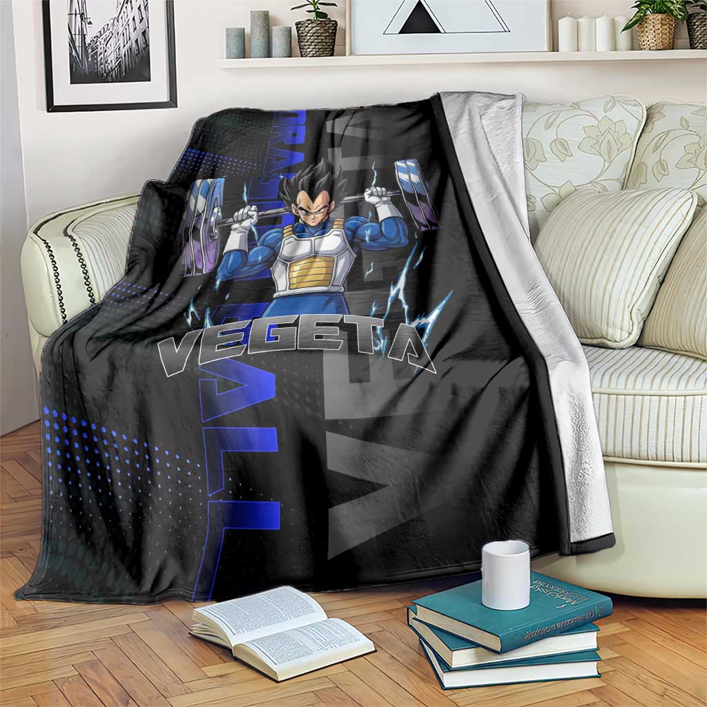 Vegeta Gym Theme Black and Blue Design Blanket with Powerlifting Pose and Saiyan Armor Style - The Mazicc
