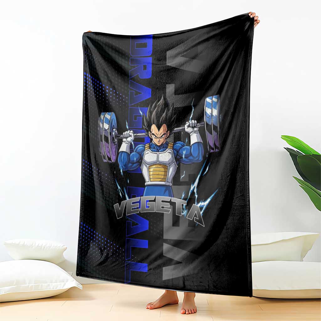 Vegeta Gym Theme Black and Blue Design Blanket with Powerlifting Pose and Saiyan Armor Style - The Mazicc