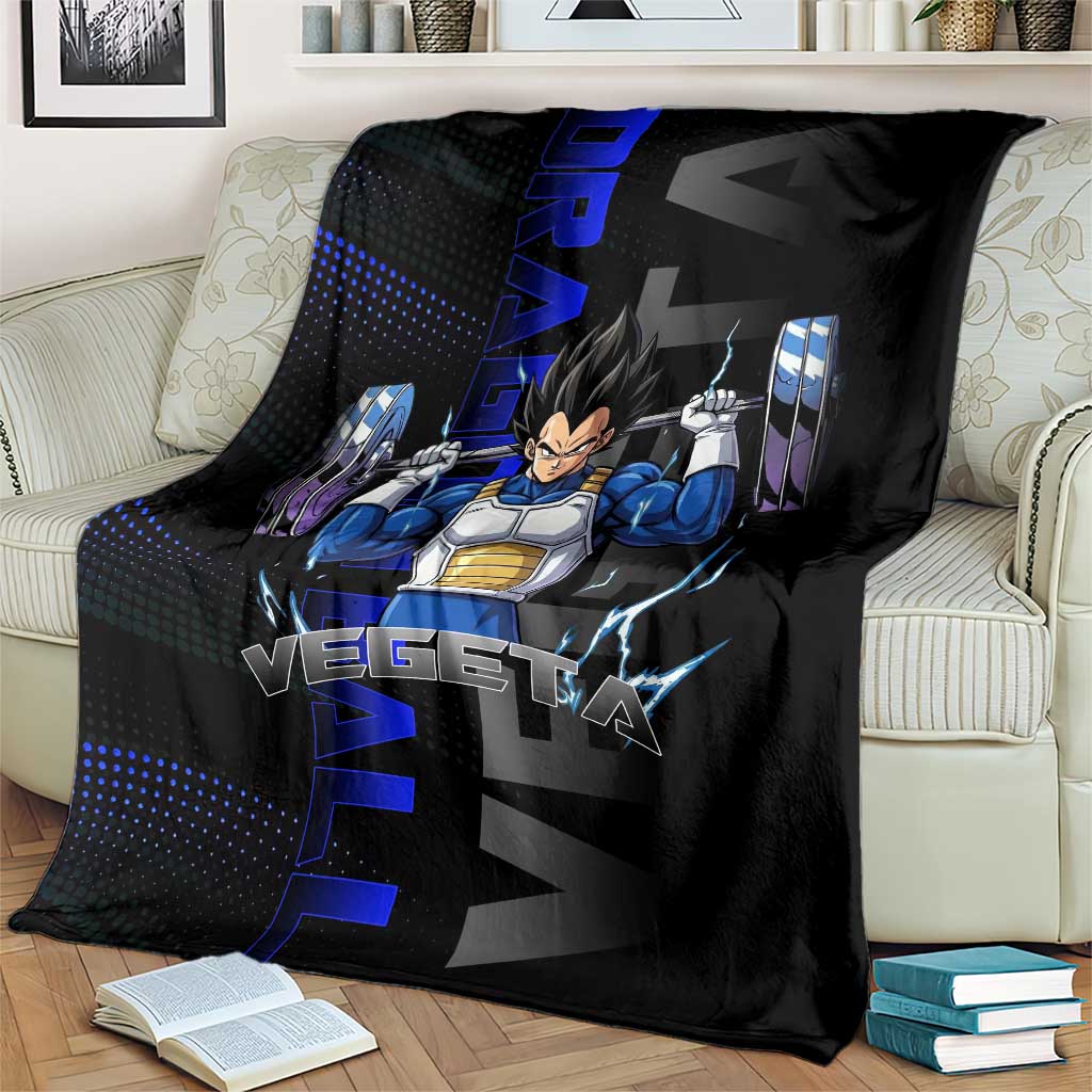 Vegeta Gym Theme Black and Blue Design Blanket with Powerlifting Pose and Saiyan Armor Style - The Mazicc