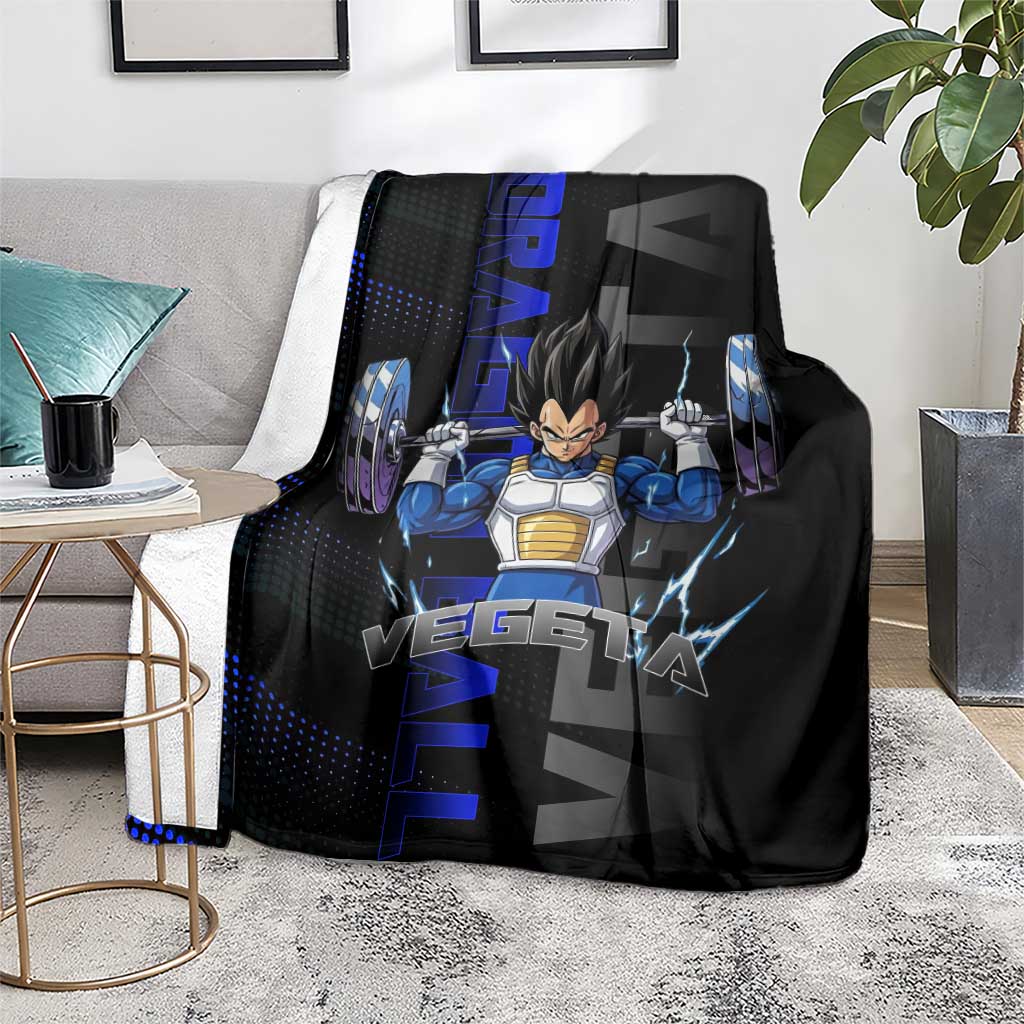 Vegeta Gym Theme Black and Blue Design Blanket with Powerlifting Pose and Saiyan Armor Style - The Mazicc