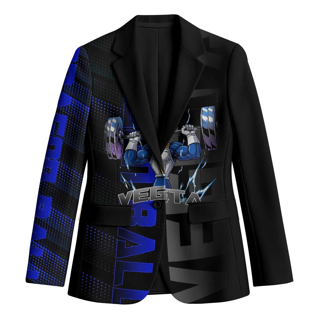 Vegeta Gym Theme Black and Blue Design Blazer with Powerlifting Pose and Saiyan Armor Style - The Mazicc