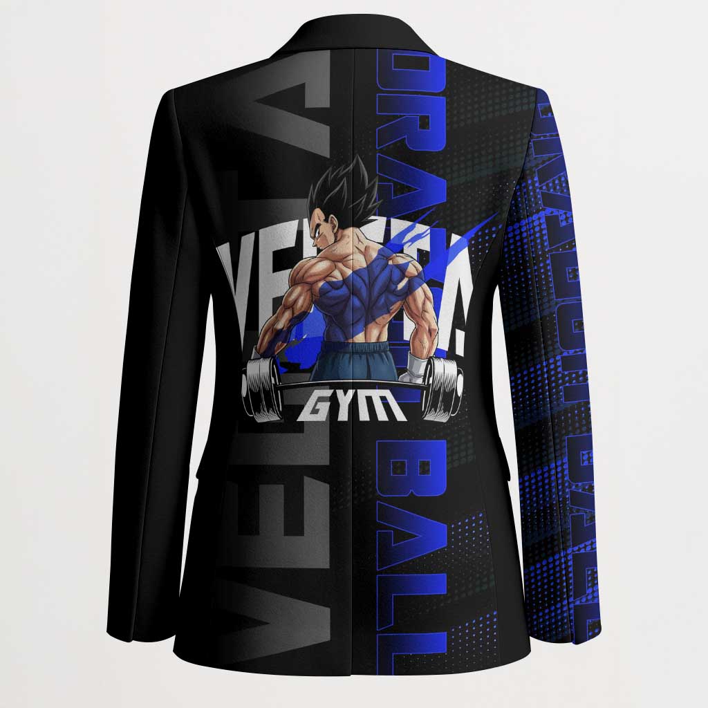 Vegeta Gym Theme Black and Blue Design Blazer with Powerlifting Pose and Saiyan Armor Style - The Mazicc