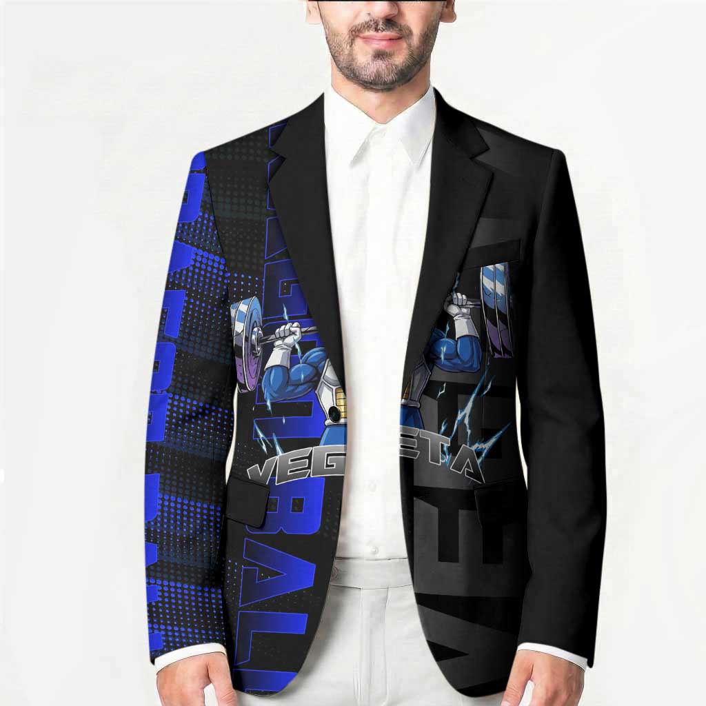 Vegeta Gym Theme Black and Blue Design Blazer with Powerlifting Pose and Saiyan Armor Style - The Mazicc