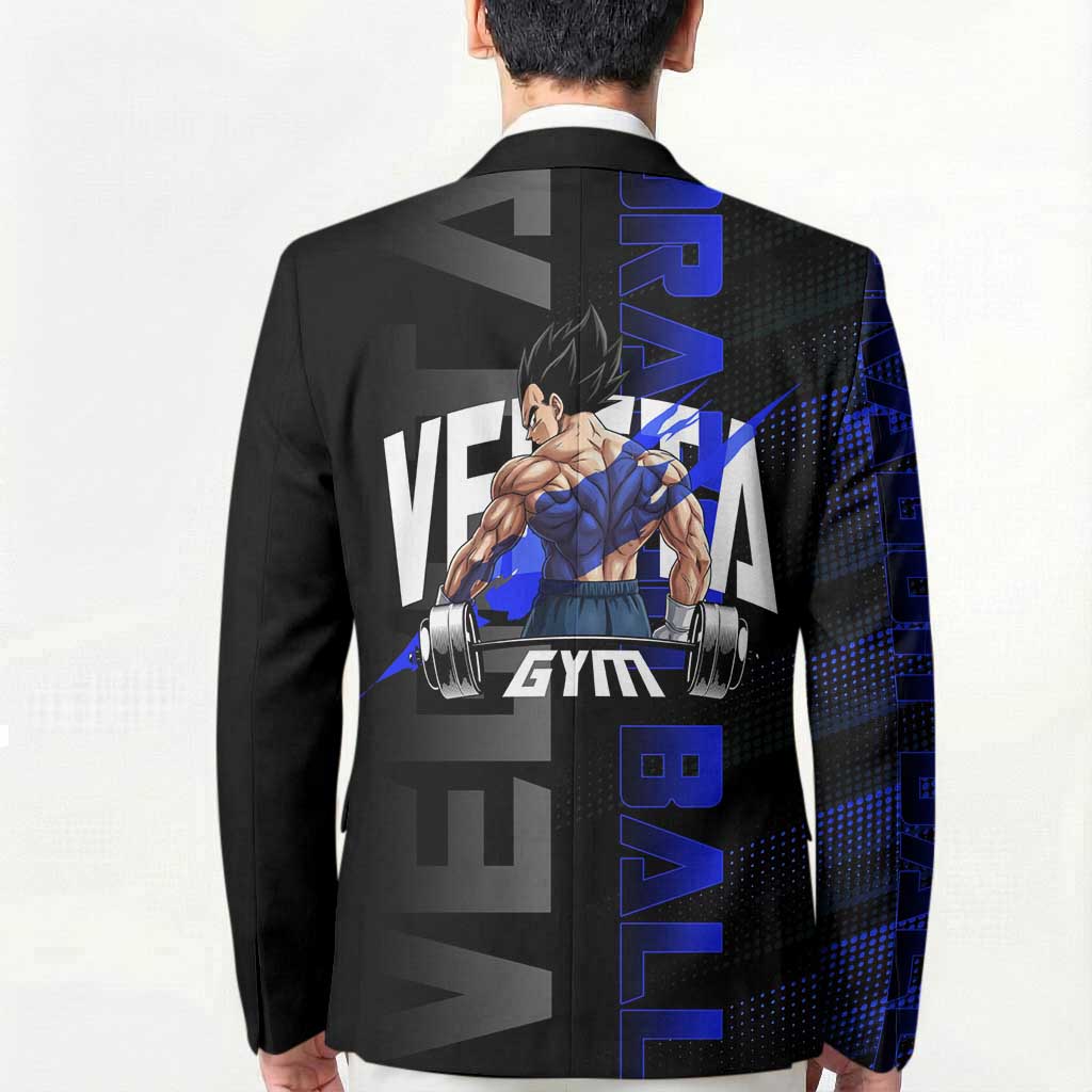 Vegeta Gym Theme Black and Blue Design Blazer with Powerlifting Pose and Saiyan Armor Style - The Mazicc