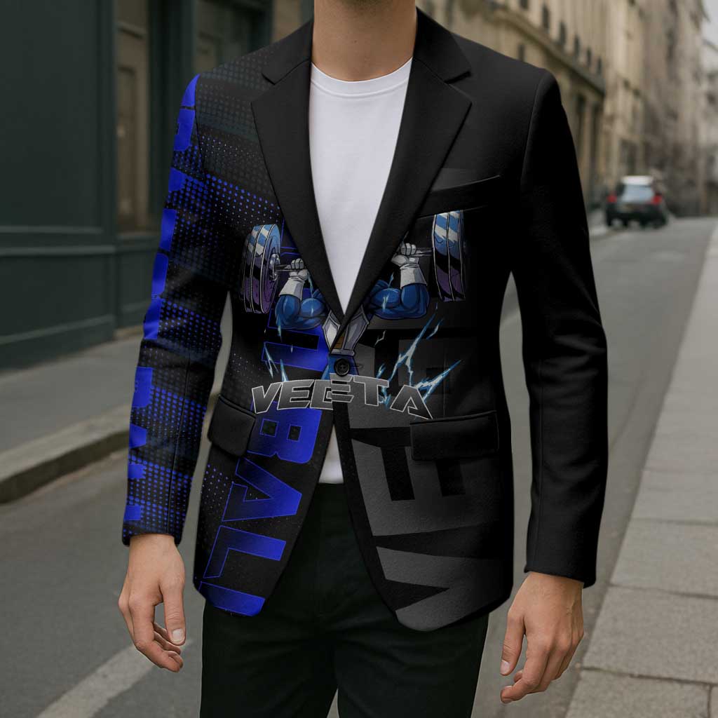 Vegeta Gym Theme Black and Blue Design Blazer with Powerlifting Pose and Saiyan Armor Style - The Mazicc