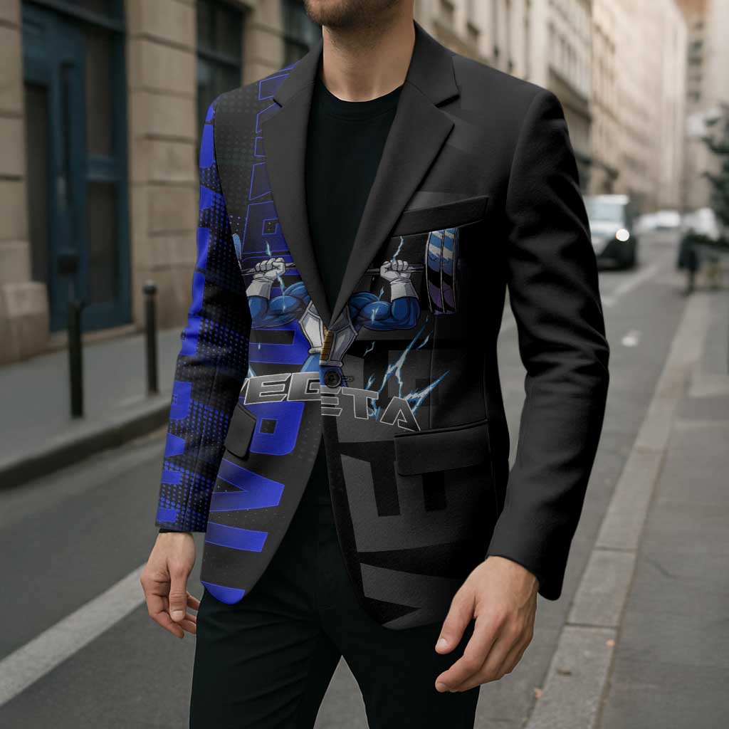 Vegeta Gym Theme Black and Blue Design Blazer with Powerlifting Pose and Saiyan Armor Style - The Mazicc