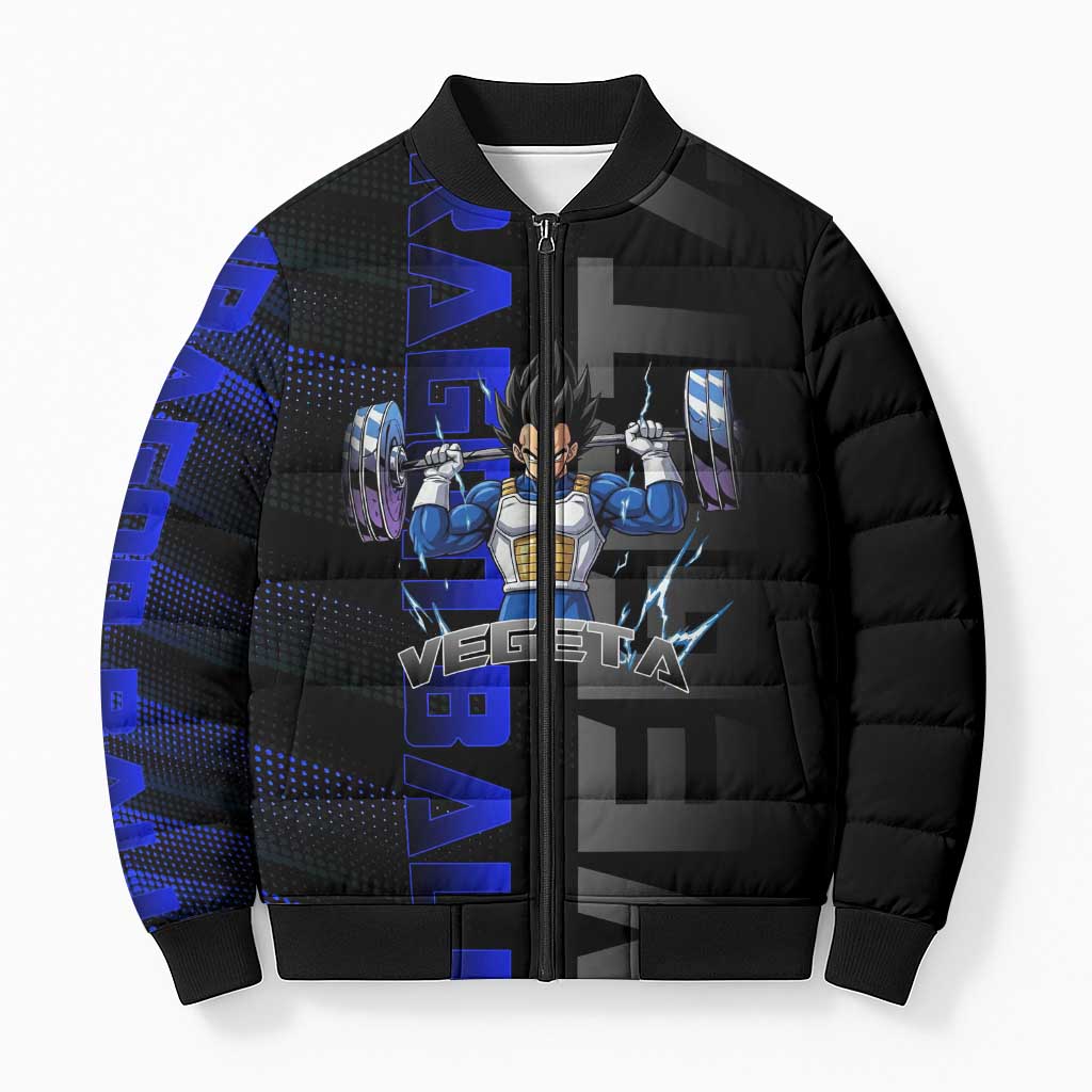 Vegeta Gym Theme Black and Blue Design Bomber Puffer Jacket with Powerlifting Pose and Saiyan Armor Style - The Mazicc