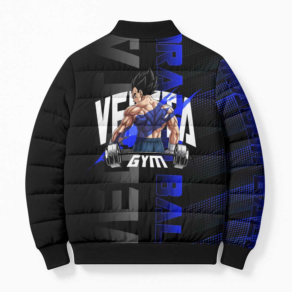 Vegeta Gym Theme Black and Blue Design Bomber Puffer Jacket with Powerlifting Pose and Saiyan Armor Style - The Mazicc