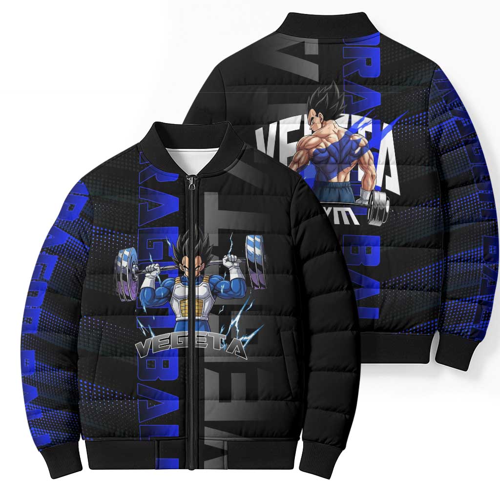Vegeta Gym Theme Black and Blue Design Bomber Puffer Jacket with Powerlifting Pose and Saiyan Armor Style - The Mazicc