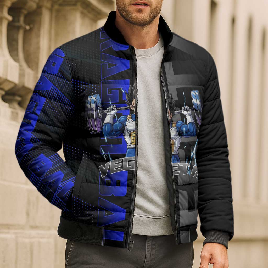 Vegeta Gym Theme Black and Blue Design Bomber Puffer Jacket with Powerlifting Pose and Saiyan Armor Style - The Mazicc