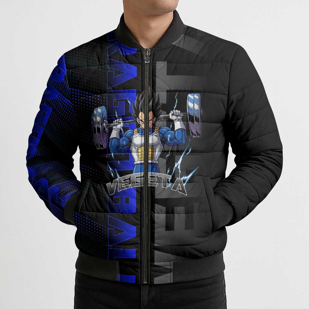 Vegeta Gym Theme Black and Blue Design Bomber Puffer Jacket with Powerlifting Pose and Saiyan Armor Style - The Mazicc