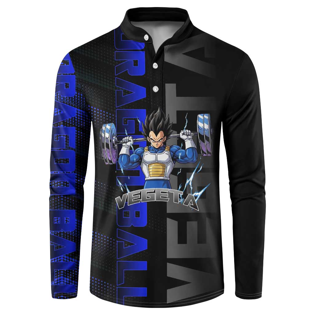 Vegeta Gym Theme Black and Blue Design Button Sweatshirt with Powerlifting Pose and Saiyan Armor Style - The Mazicc