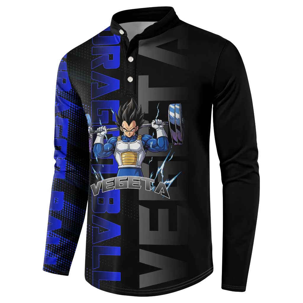 Vegeta Gym Theme Black and Blue Design Button Sweatshirt with Powerlifting Pose and Saiyan Armor Style - The Mazicc