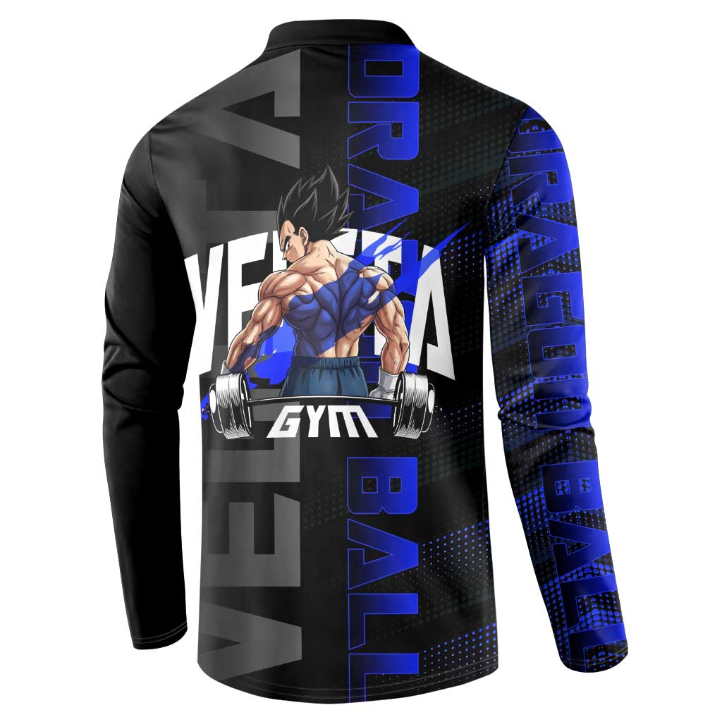 Vegeta Gym Theme Black and Blue Design Button Sweatshirt with Powerlifting Pose and Saiyan Armor Style - The Mazicc