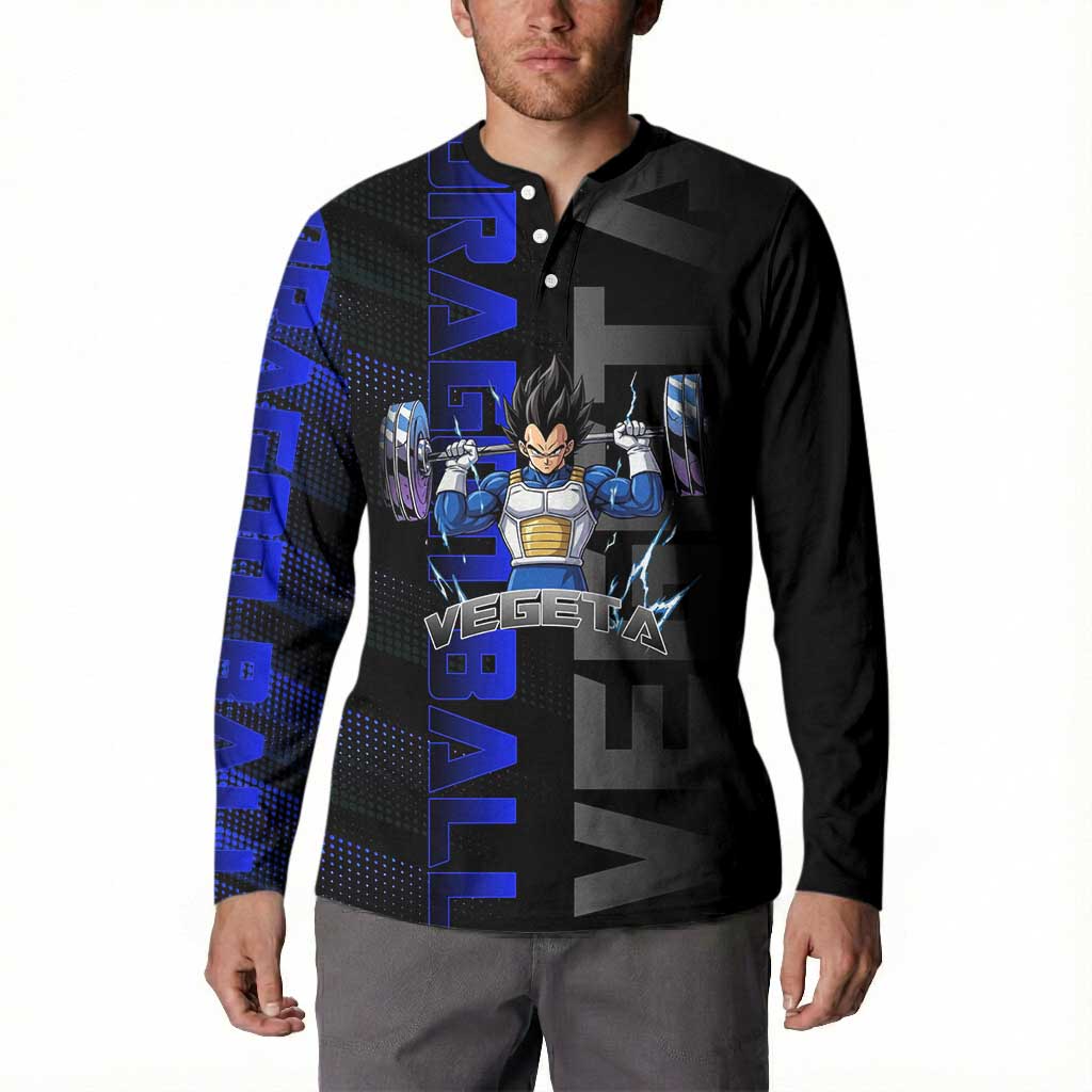 Vegeta Gym Theme Black and Blue Design Button Sweatshirt with Powerlifting Pose and Saiyan Armor Style - The Mazicc