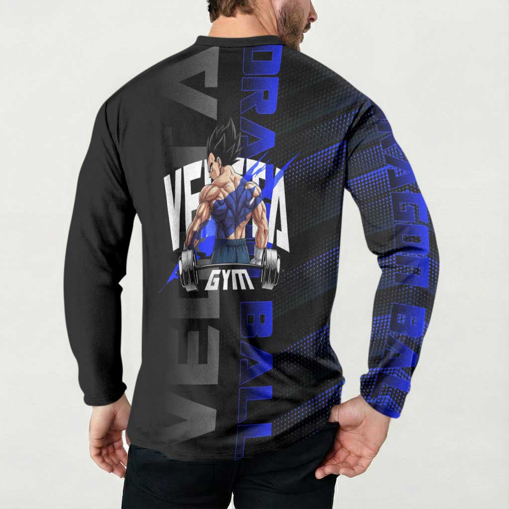 Vegeta Gym Theme Black and Blue Design Button Sweatshirt with Powerlifting Pose and Saiyan Armor Style - The Mazicc