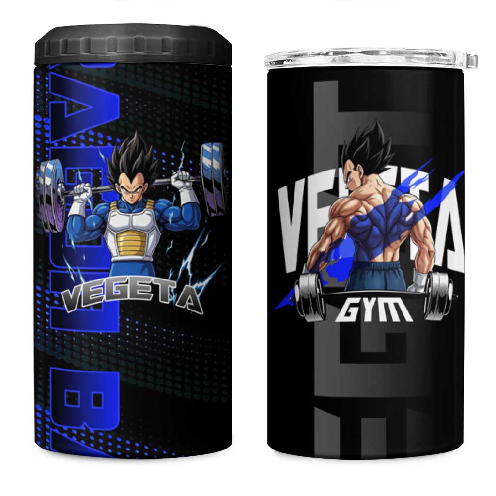 Vegeta Gym Theme Black and Blue Design 4 in 1 Can Cooler Tumbler with Powerlifting Pose and Saiyan Armor Style - The Mazicc