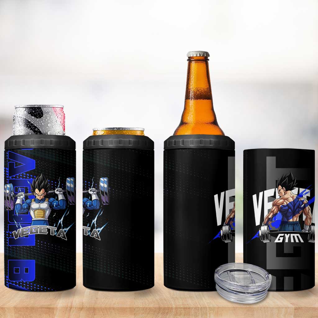 Vegeta Gym Theme Black and Blue Design 4 in 1 Can Cooler Tumbler with Powerlifting Pose and Saiyan Armor Style - The Mazicc