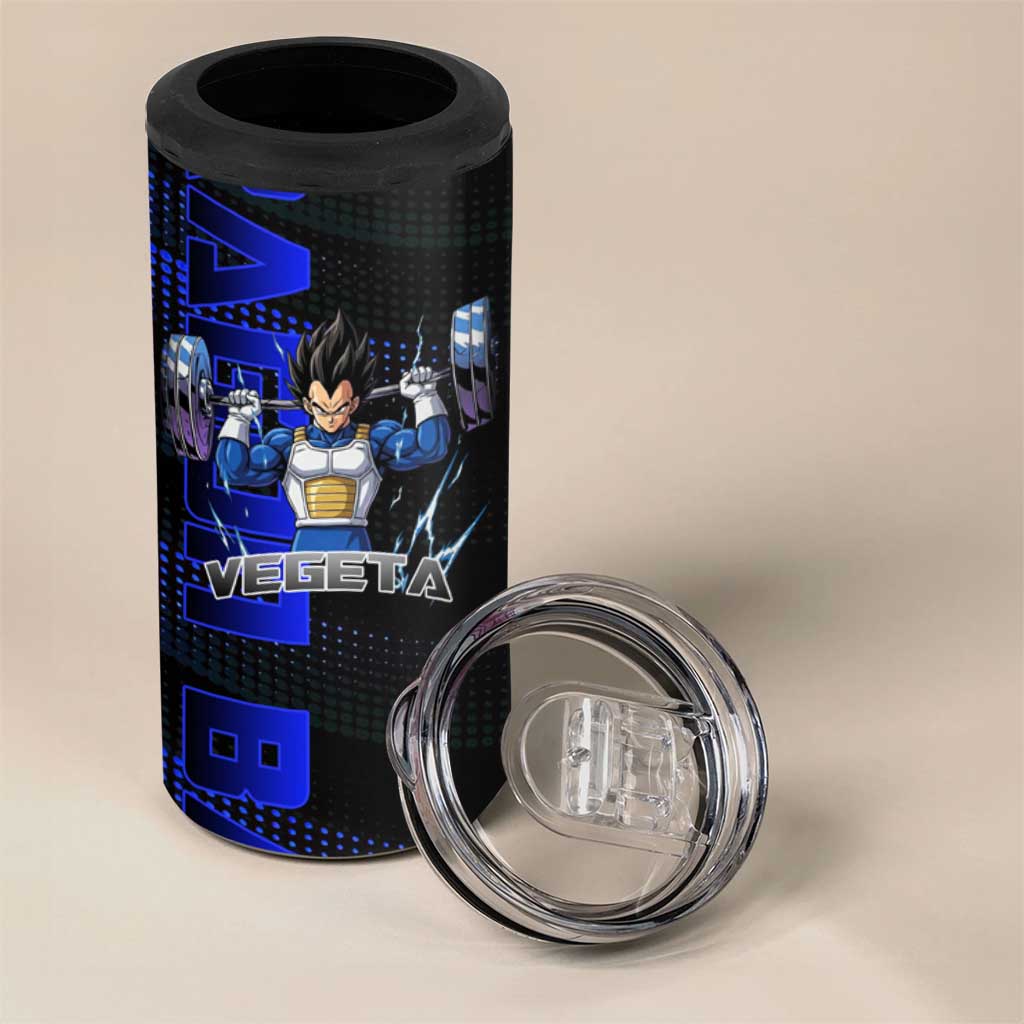 Vegeta Gym Theme Black and Blue Design 4 in 1 Can Cooler Tumbler with Powerlifting Pose and Saiyan Armor Style - The Mazicc