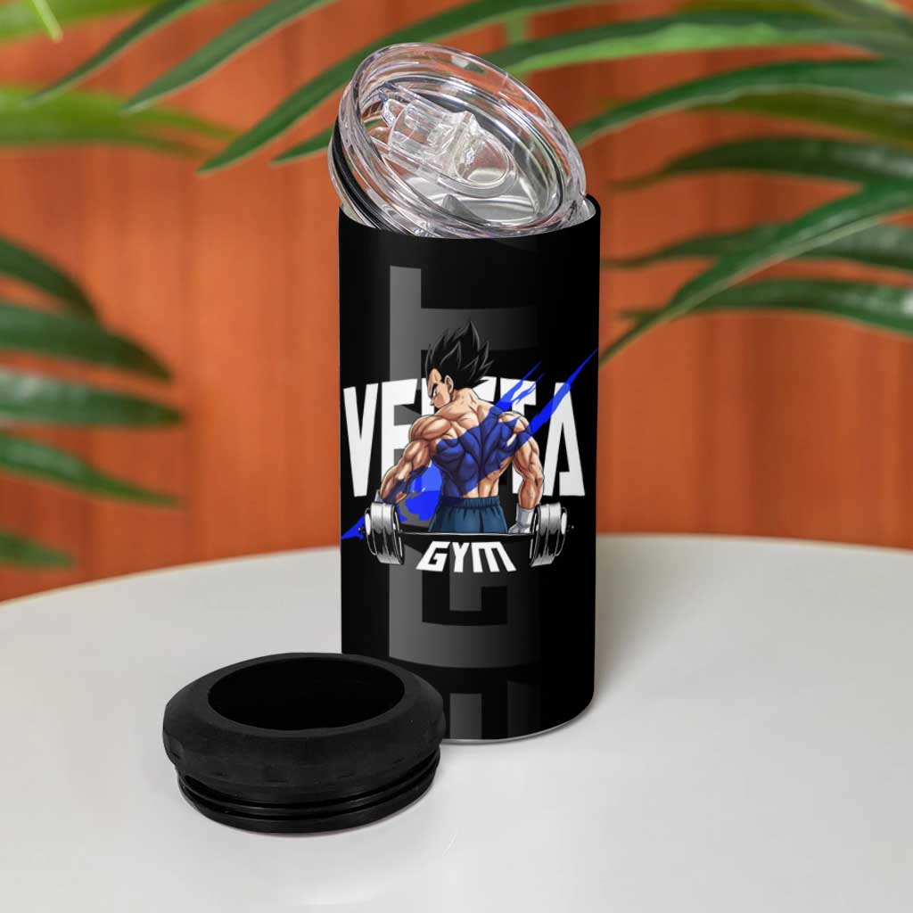 Vegeta Gym Theme Black and Blue Design 4 in 1 Can Cooler Tumbler with Powerlifting Pose and Saiyan Armor Style - The Mazicc