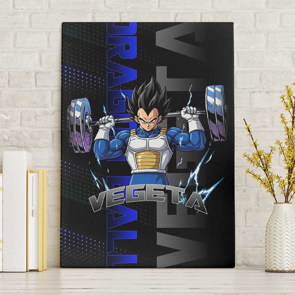 Vegeta Gym Theme Black and Blue Design Canvas Wall Art with Powerlifting Pose and Saiyan Armor Style - The Mazicc