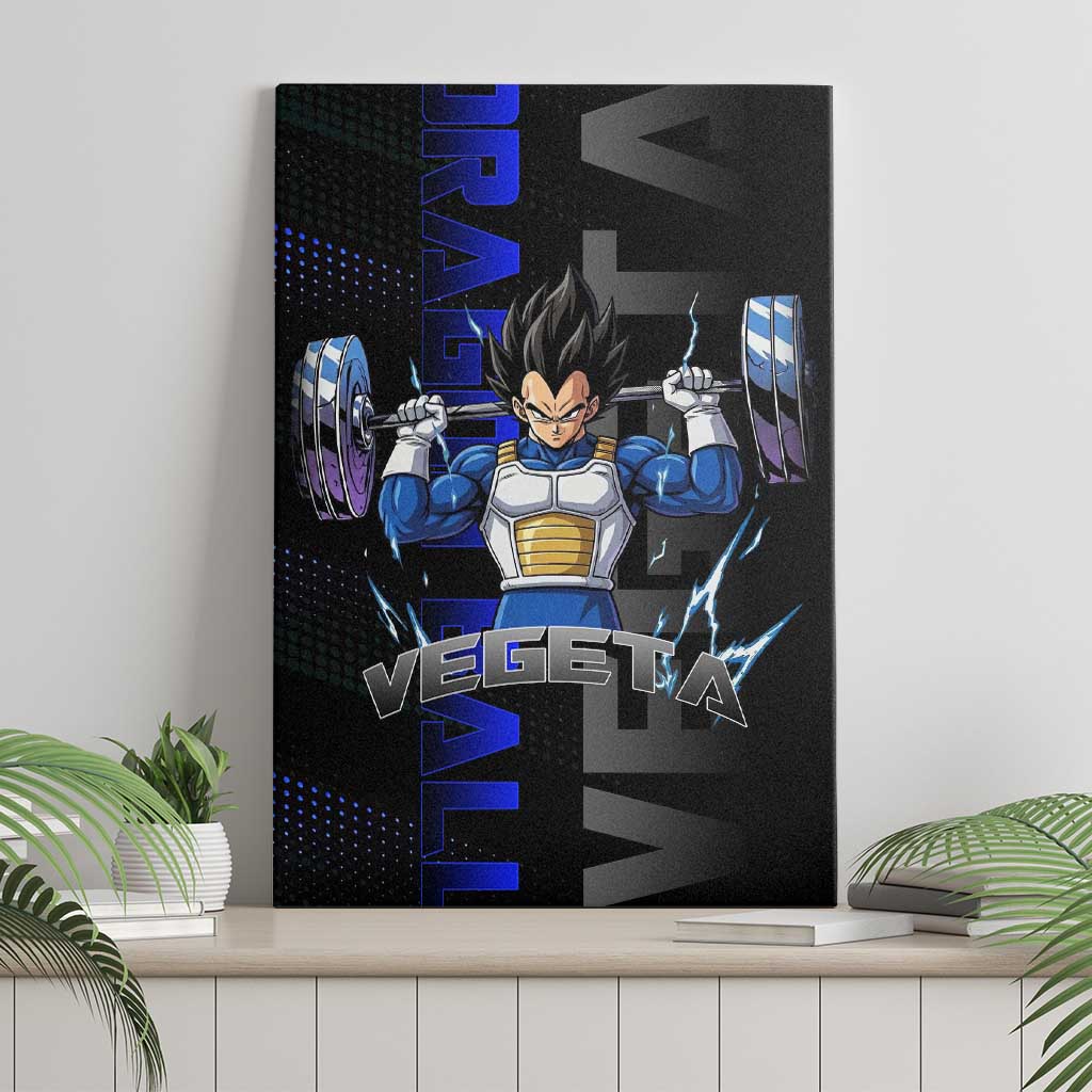 Vegeta Gym Theme Black and Blue Design Canvas Wall Art with Powerlifting Pose and Saiyan Armor Style - The Mazicc