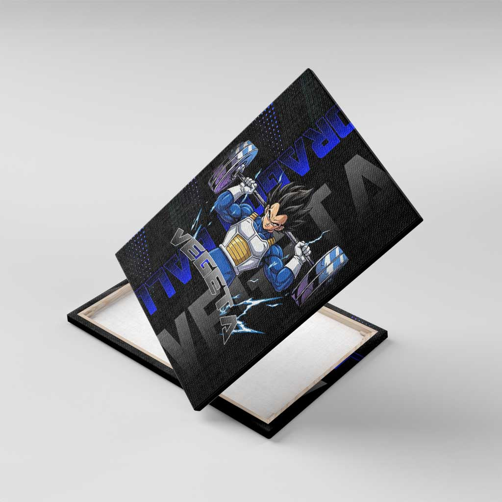 Vegeta Gym Theme Black and Blue Design Canvas Wall Art with Powerlifting Pose and Saiyan Armor Style - The Mazicc