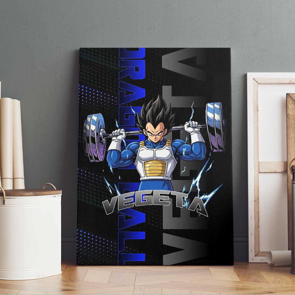 Vegeta Gym Theme Black and Blue Design Canvas Wall Art with Powerlifting Pose and Saiyan Armor Style - The Mazicc