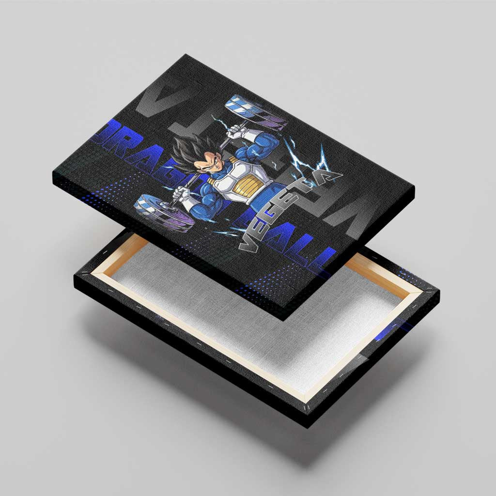 Vegeta Gym Theme Black and Blue Design Canvas Wall Art with Powerlifting Pose and Saiyan Armor Style - The Mazicc