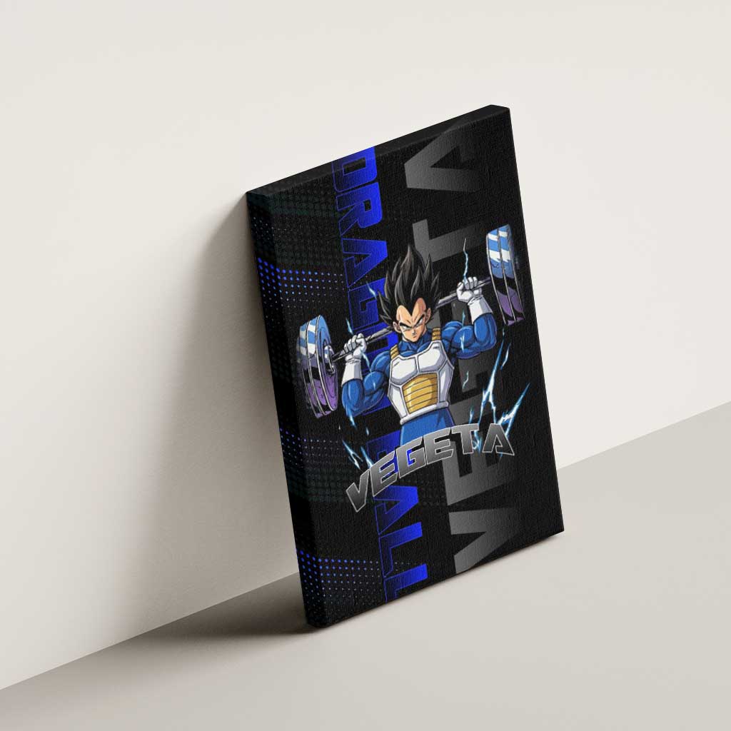 Vegeta Gym Theme Black and Blue Design Canvas Wall Art with Powerlifting Pose and Saiyan Armor Style - The Mazicc