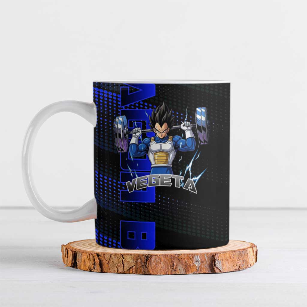 Vegeta Gym Theme Black and Blue Design Ceramic Mug with Powerlifting Pose and Saiyan Armor Style - The Mazicc