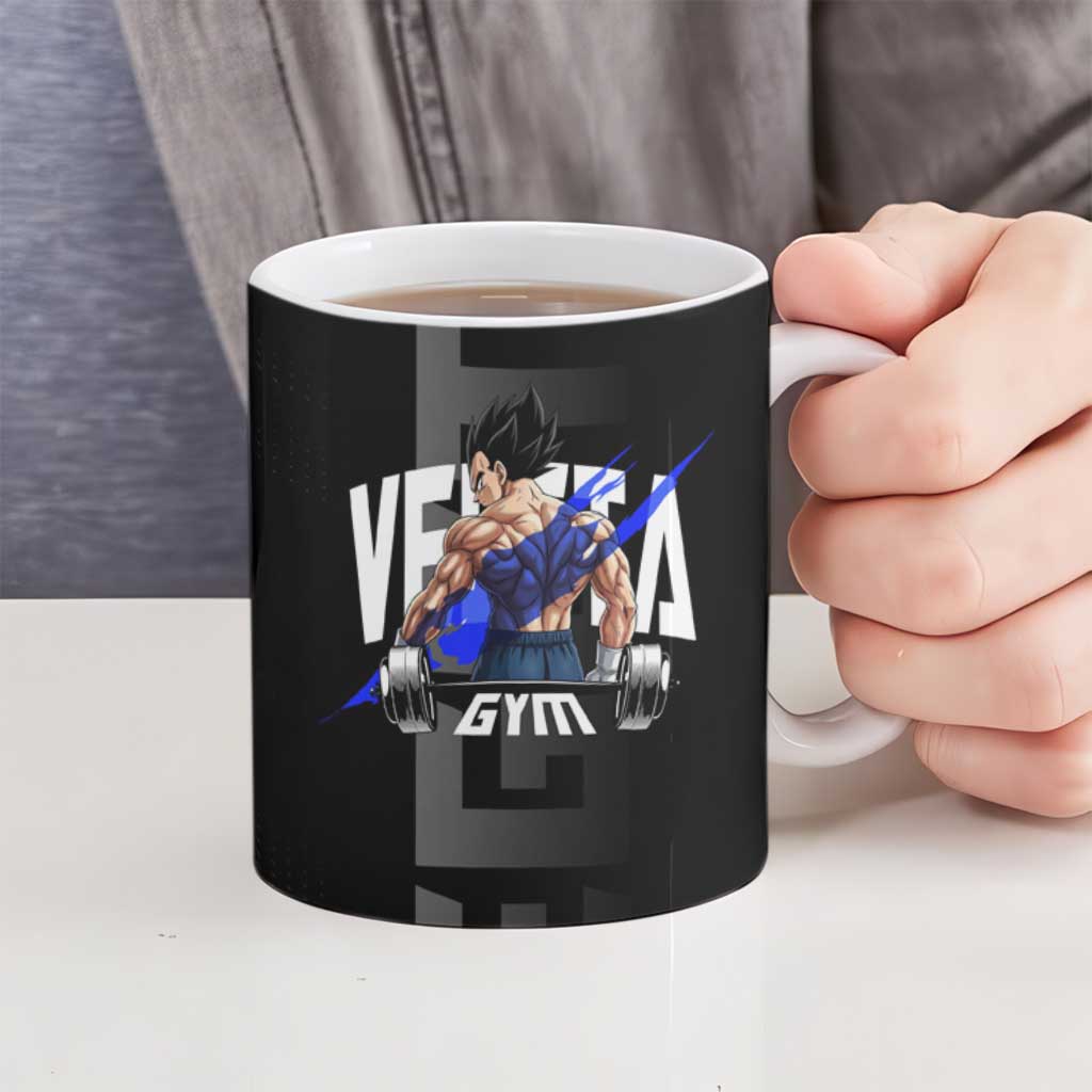 Vegeta Gym Theme Black and Blue Design Ceramic Mug with Powerlifting Pose and Saiyan Armor Style - The Mazicc
