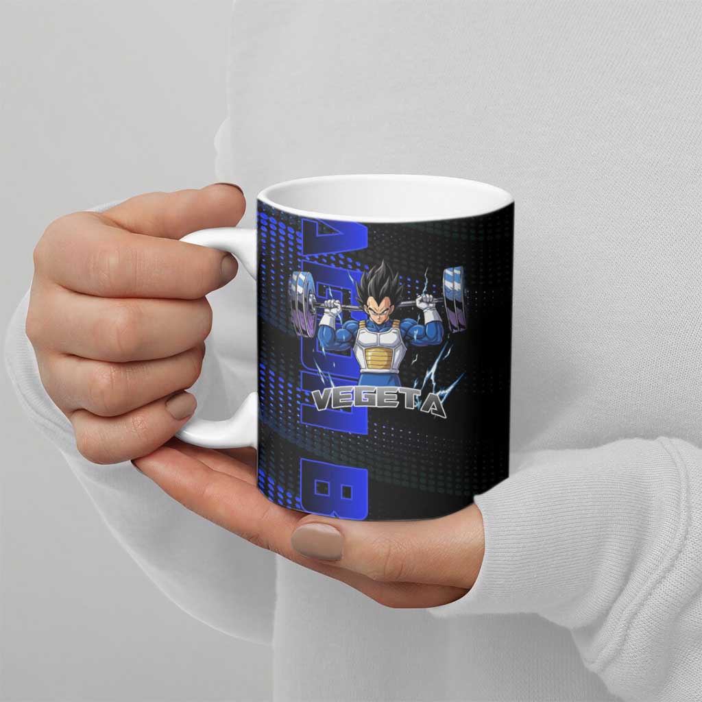 Vegeta Gym Theme Black and Blue Design Ceramic Mug with Powerlifting Pose and Saiyan Armor Style - The Mazicc