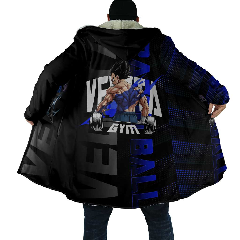 Vegeta Gym Theme Black and Blue Design Cloak with Powerlifting Pose and Saiyan Armor Style - The Mazicc