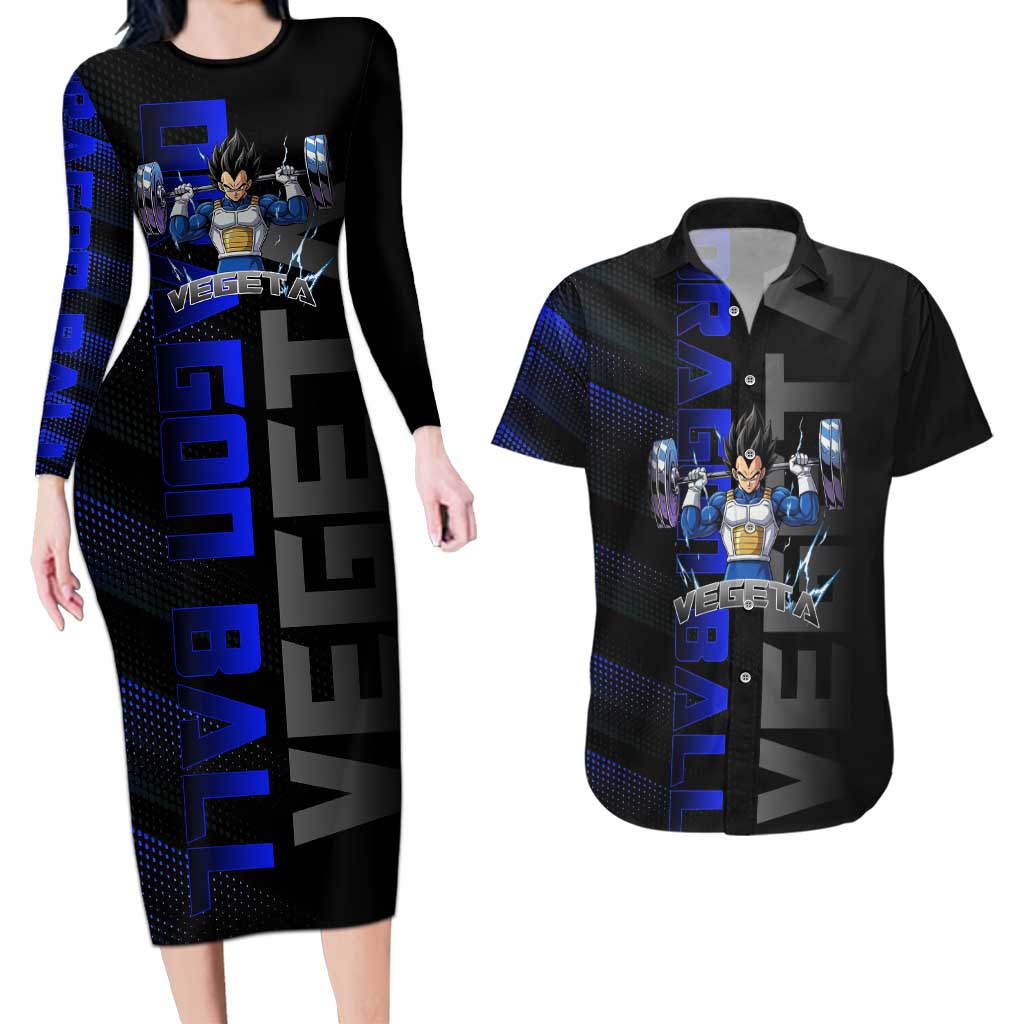 Vegeta Gym Theme Black and Blue Design Couples Matching Long Sleeve Bodycon Dress and Hawaiian Shirt with Powerlifting Pose and Saiyan Armor Style - The Mazicc