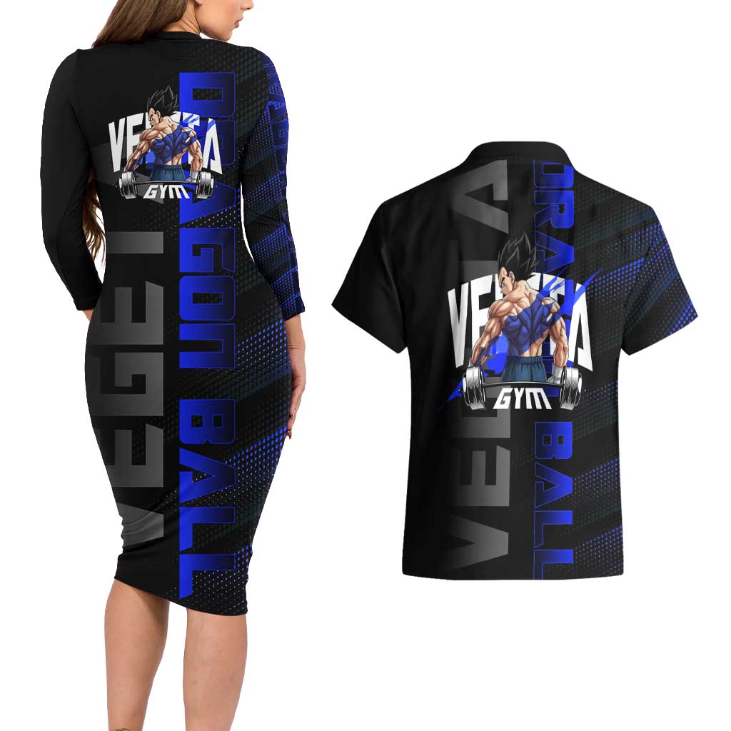 Vegeta Gym Theme Black and Blue Design Couples Matching Long Sleeve Bodycon Dress and Hawaiian Shirt with Powerlifting Pose and Saiyan Armor Style - The Mazicc